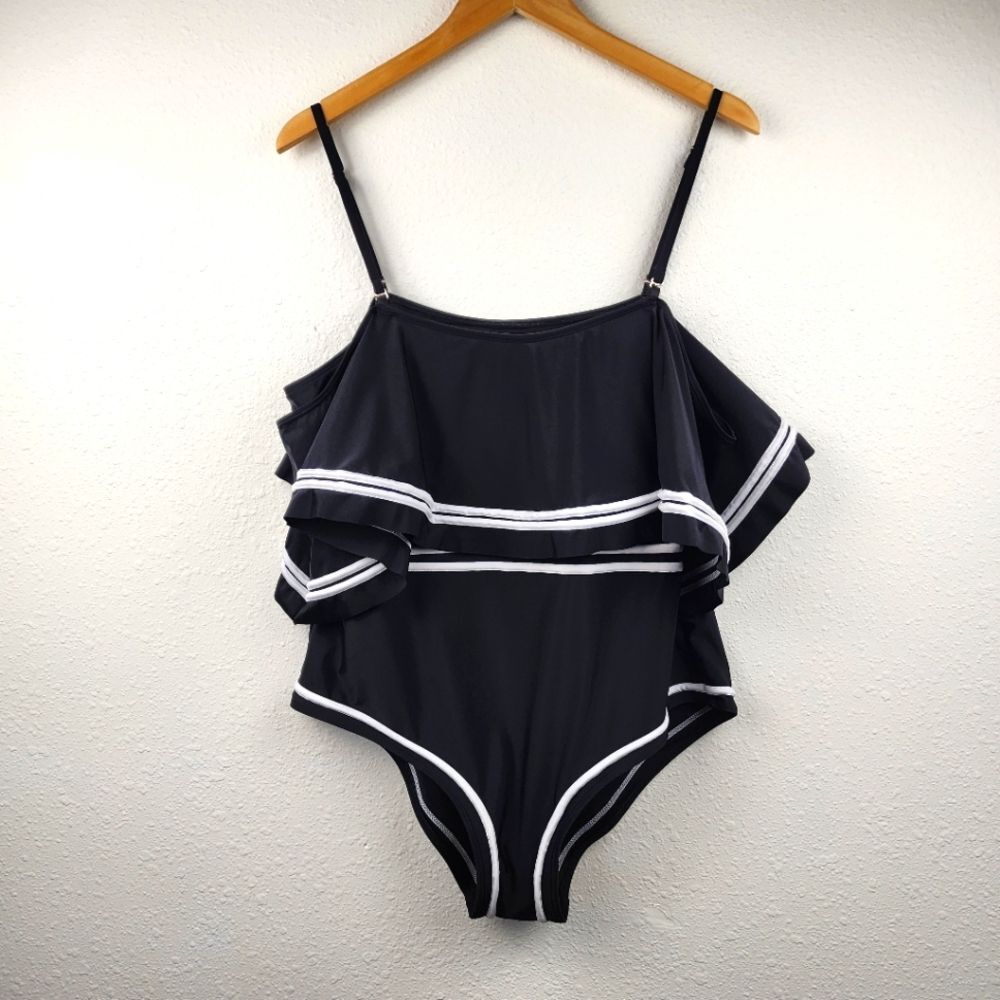 Rosegal One-Piece Swimsuit Plus Size 1X -16 Ruffle Black White Adjustable Strap